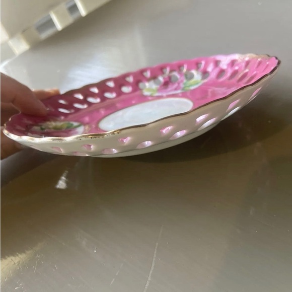 Vintage Lefton China PINK ROSE HAND PAINTED SAUCER Iridescent Pearl/Gold Edge - Picture 7 of 7